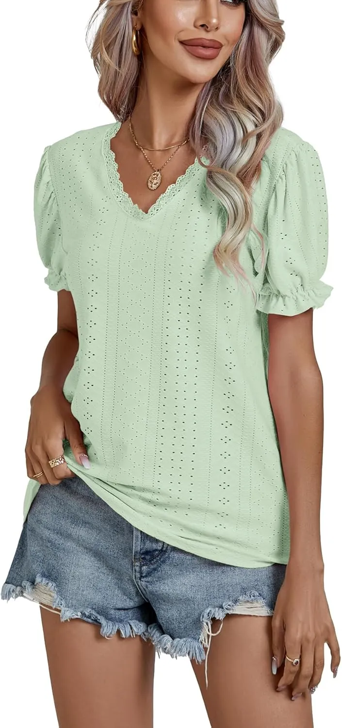 LYANER Women's Casual Puff Short Sleeve Lace Trim Eyelet V Neck Shirt Blouse Tunic Top