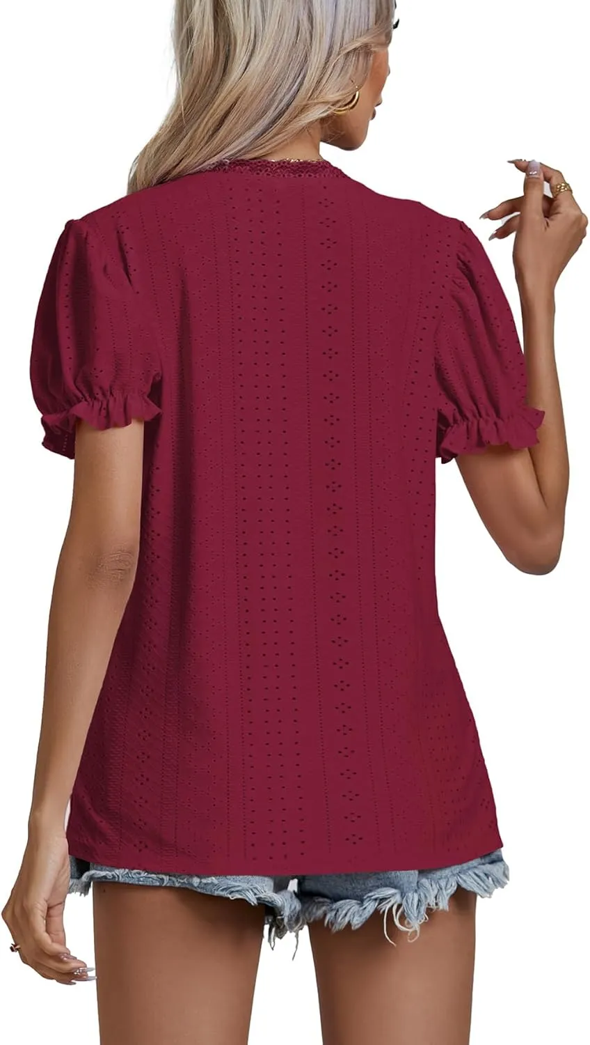 LYANER Women's Casual Puff Short Sleeve Lace Trim Eyelet V Neck Shirt Blouse Tunic Top