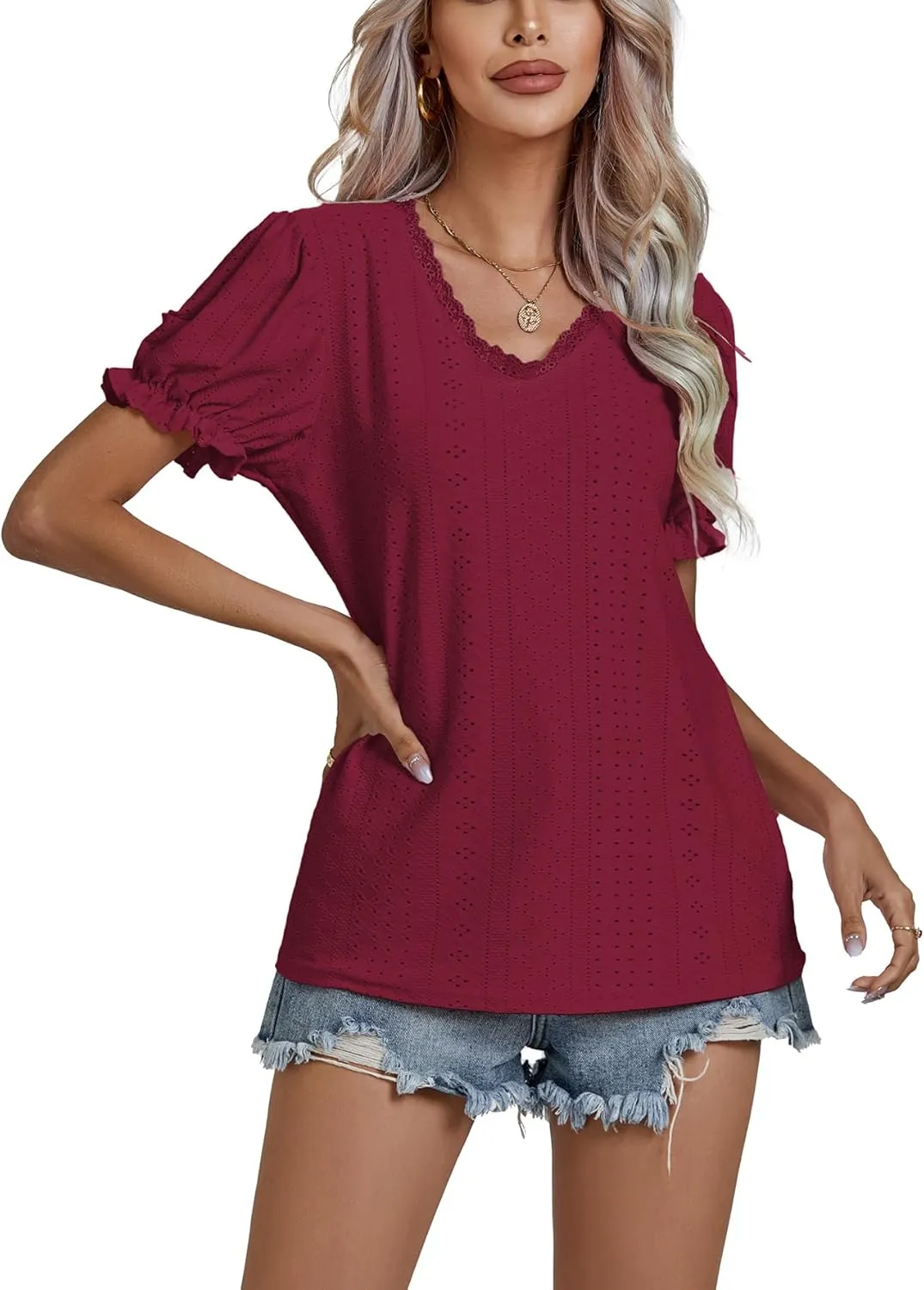 LYANER Women's Casual Puff Short Sleeve Lace Trim Eyelet V Neck Shirt Blouse Tunic Top