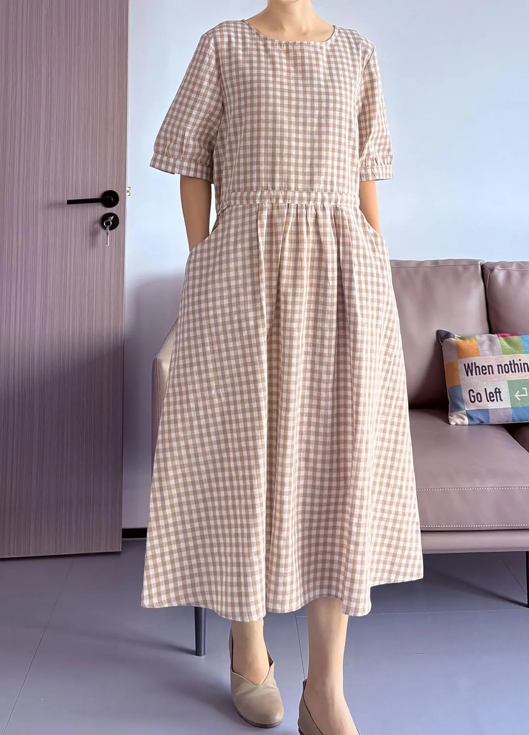 Minibee Women's Cotton Linen Dress Summer Short Sleeve Casual Plaid Flowy A-Line Midi Dresses with Pockets