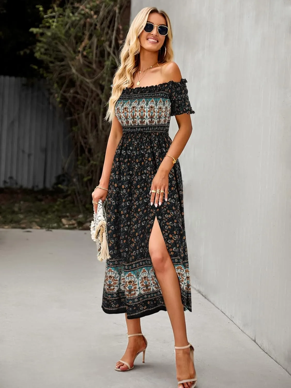 ROYUNA Women's Off The Shoulder Dresses Boho Flowy Smocked Maxi Sundress Beach Vacation Summer Dress 2024