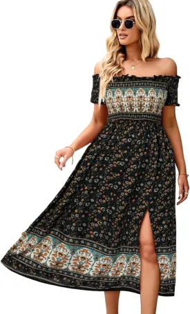 ROYUNA Women's Off The Shoulder Dresses Boho Flowy Smocked Maxi Sundress Beach Vacation Summer Dress 2024