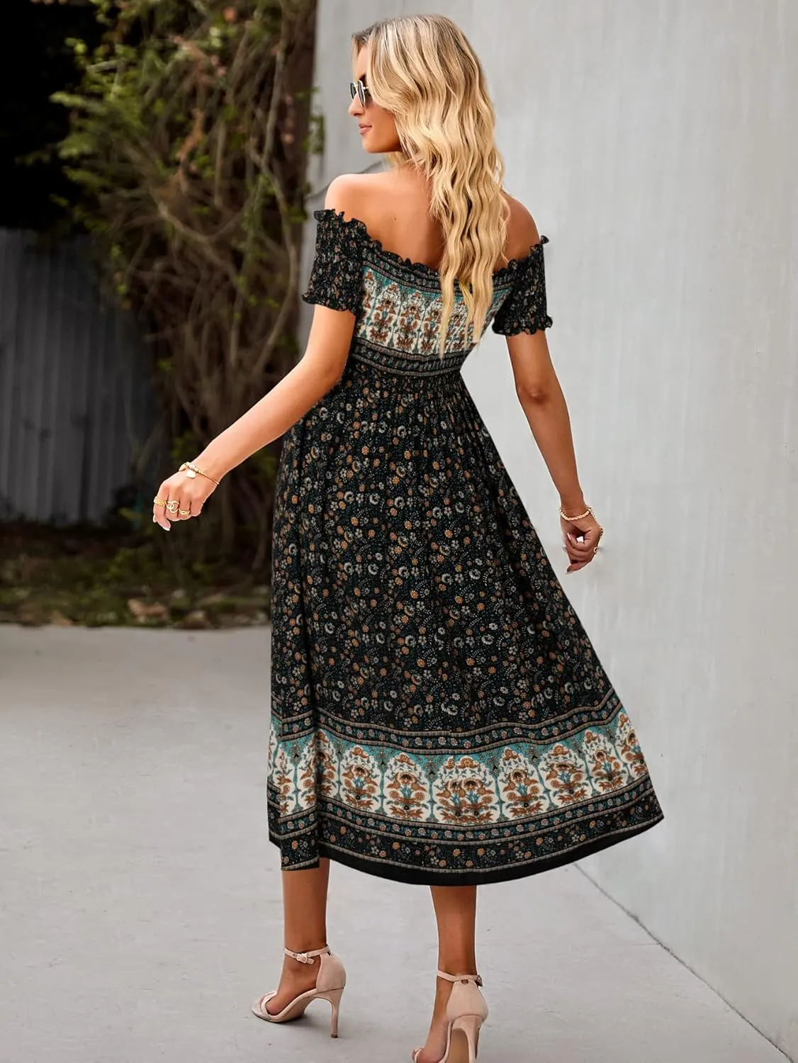 ROYUNA Women's Off The Shoulder Dresses Boho Flowy Smocked Maxi Sundress Beach Vacation Summer Dress 2024