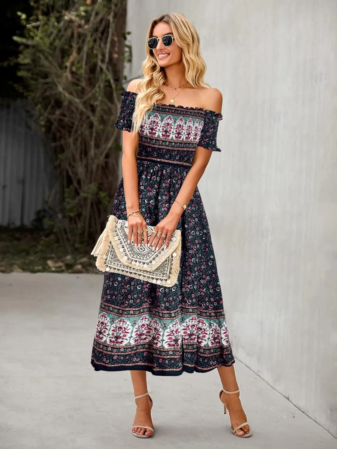 ROYUNA Women's Off The Shoulder Dresses Boho Flowy Smocked Maxi Sundress Beach Vacation Summer Dress 2024