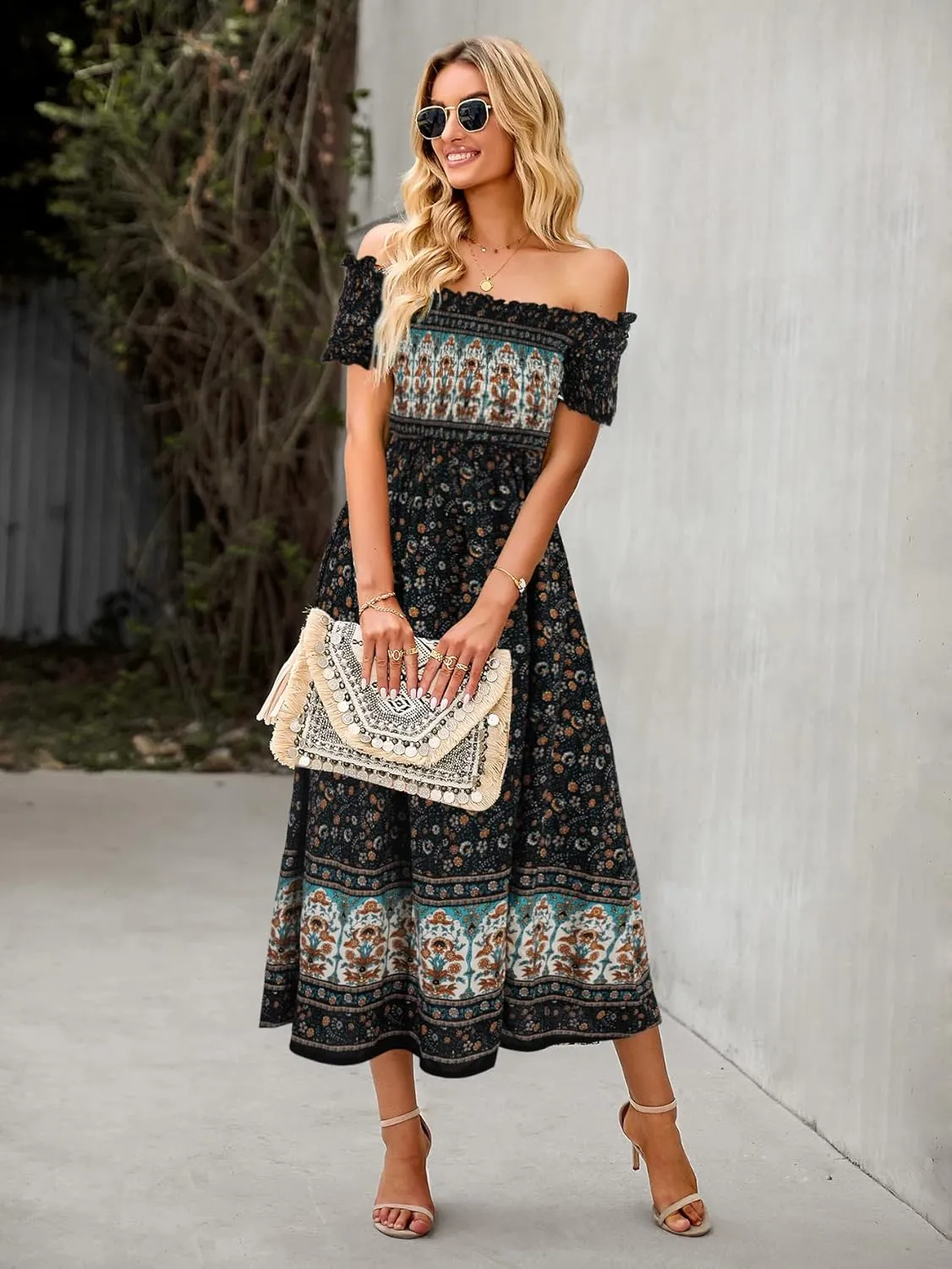 ROYUNA Women's Off The Shoulder Dresses Boho Flowy Smocked Maxi Sundress Beach Vacation Summer Dress 2024