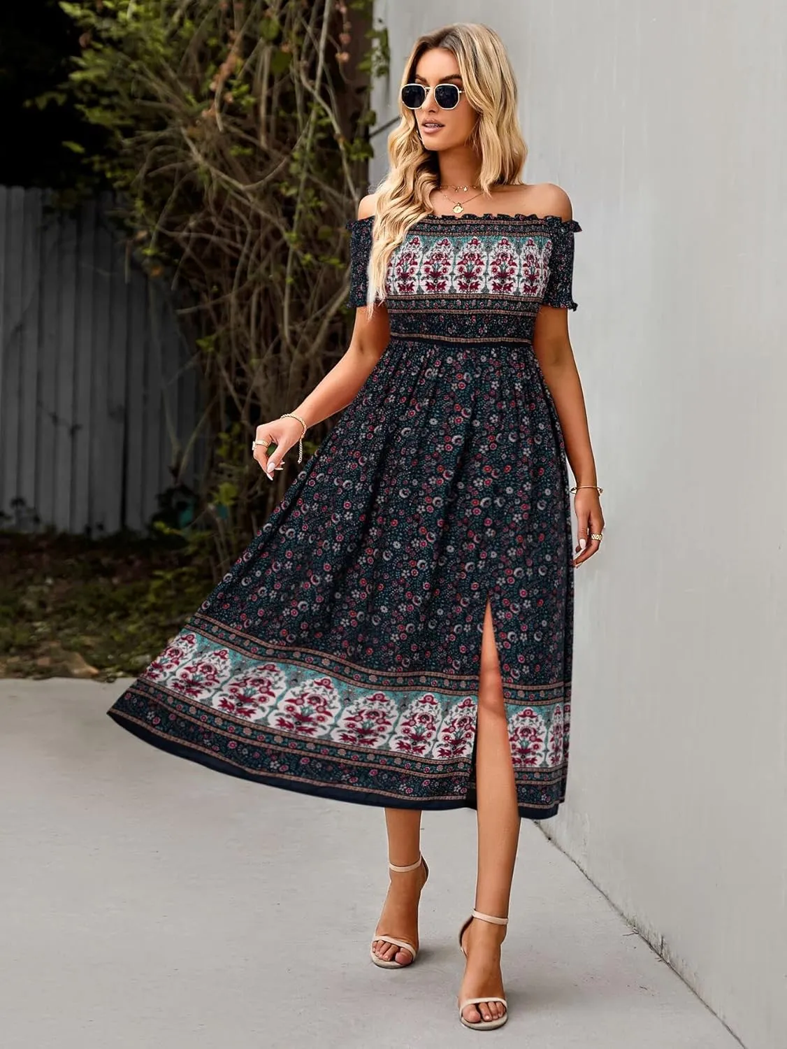 ROYUNA Women's Off The Shoulder Dresses Boho Flowy Smocked Maxi Sundress Beach Vacation Summer Dress 2024
