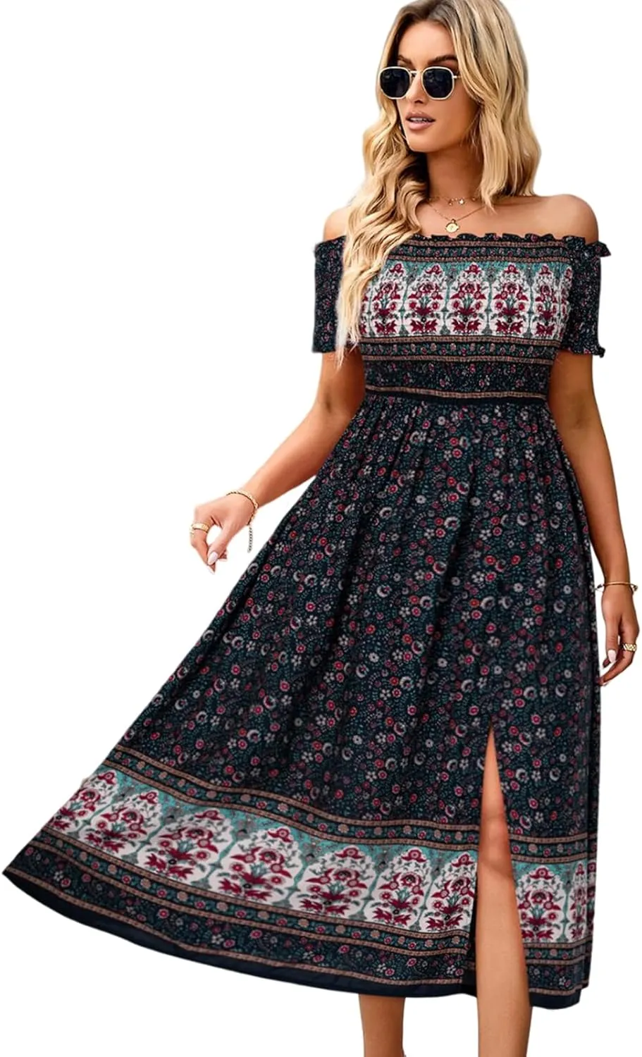 ROYUNA Women's Off The Shoulder Dresses Boho Flowy Smocked Maxi Sundress Beach Vacation Summer Dress 2024