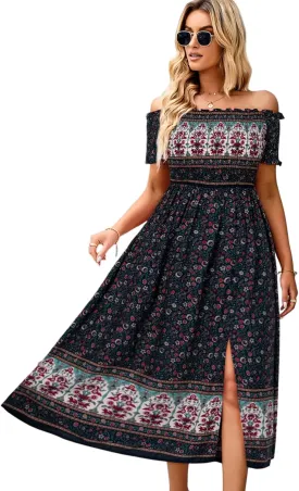 ROYUNA Women's Off The Shoulder Dresses Boho Flowy Smocked Maxi Sundress Beach Vacation Summer Dress 2024