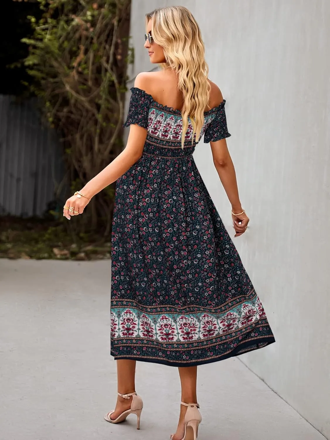 ROYUNA Women's Off The Shoulder Dresses Boho Flowy Smocked Maxi Sundress Beach Vacation Summer Dress 2024