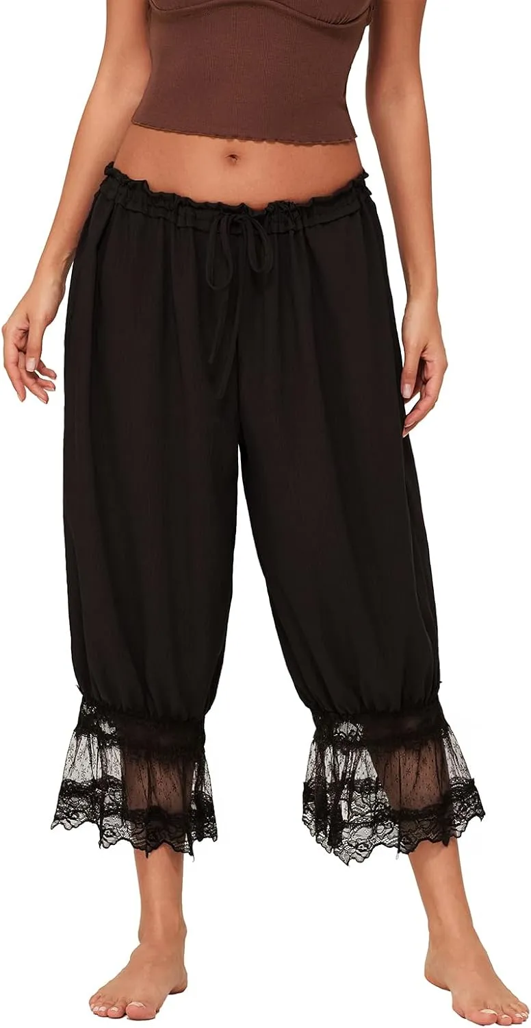 Seyumixi Women Lace Ruffled Long Bloomer Pants Lace Trim Pantaloons Elastic Waist Cropped Slip Pants Capri Pj Bottoms