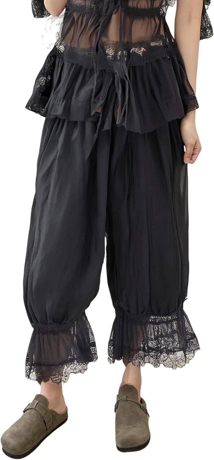 Seyumixi Women Lace Ruffled Long Bloomer Pants Lace Trim Pantaloons Elastic Waist Cropped Slip Pants Capri Pj Bottoms