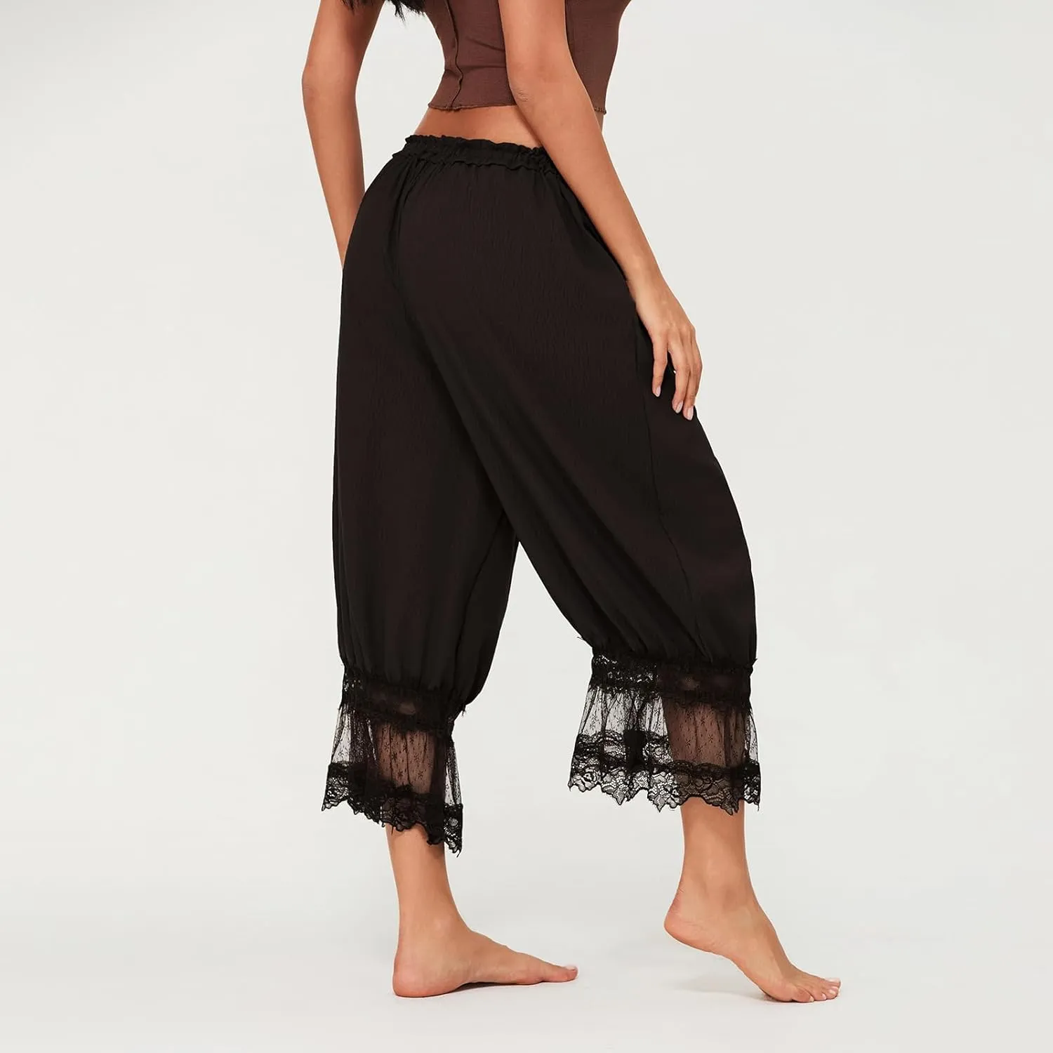 Seyumixi Women Lace Ruffled Long Bloomer Pants Lace Trim Pantaloons Elastic Waist Cropped Slip Pants Capri Pj Bottoms