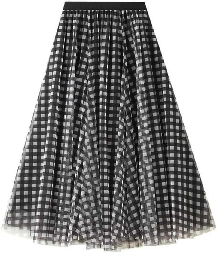 Tulle Plaid Midi Skirts for Women Trendy High Waisted A Line Pleated Layered Skirt