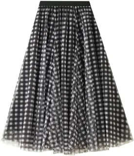 Tulle Plaid Midi Skirts for Women Trendy High Waisted A Line Pleated Layered Skirt