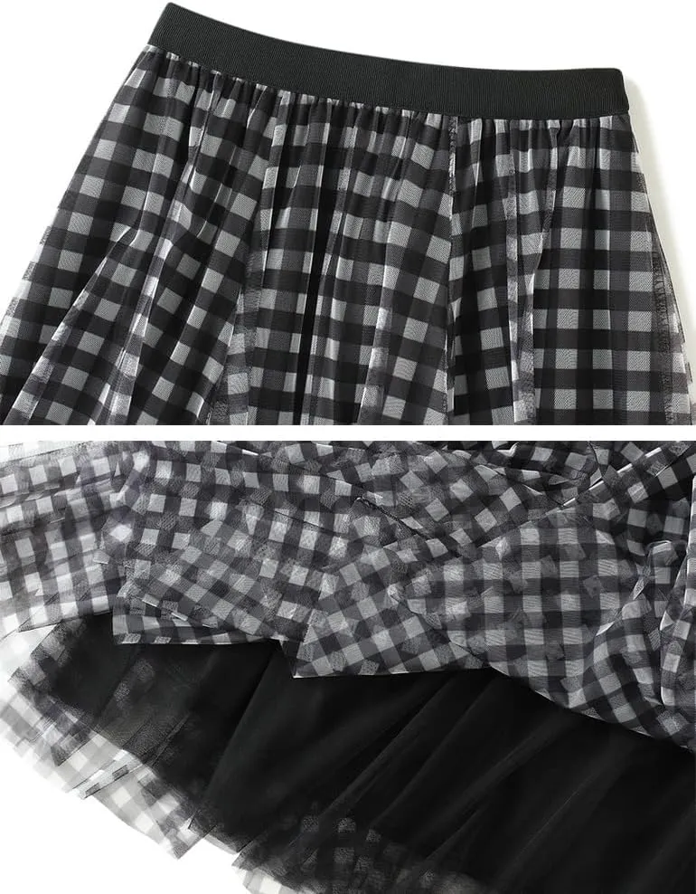 Tulle Plaid Midi Skirts for Women Trendy High Waisted A Line Pleated Layered Skirt