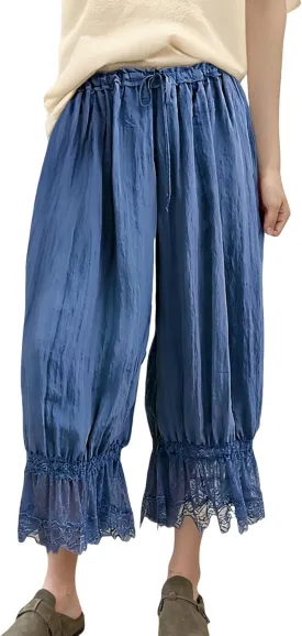 UAURORAO Women Lace Trim Long Bloomers Elastic Mid Rise Ruffle Pantaloons Cropped Flared Slips Pants Pajama Bottoms