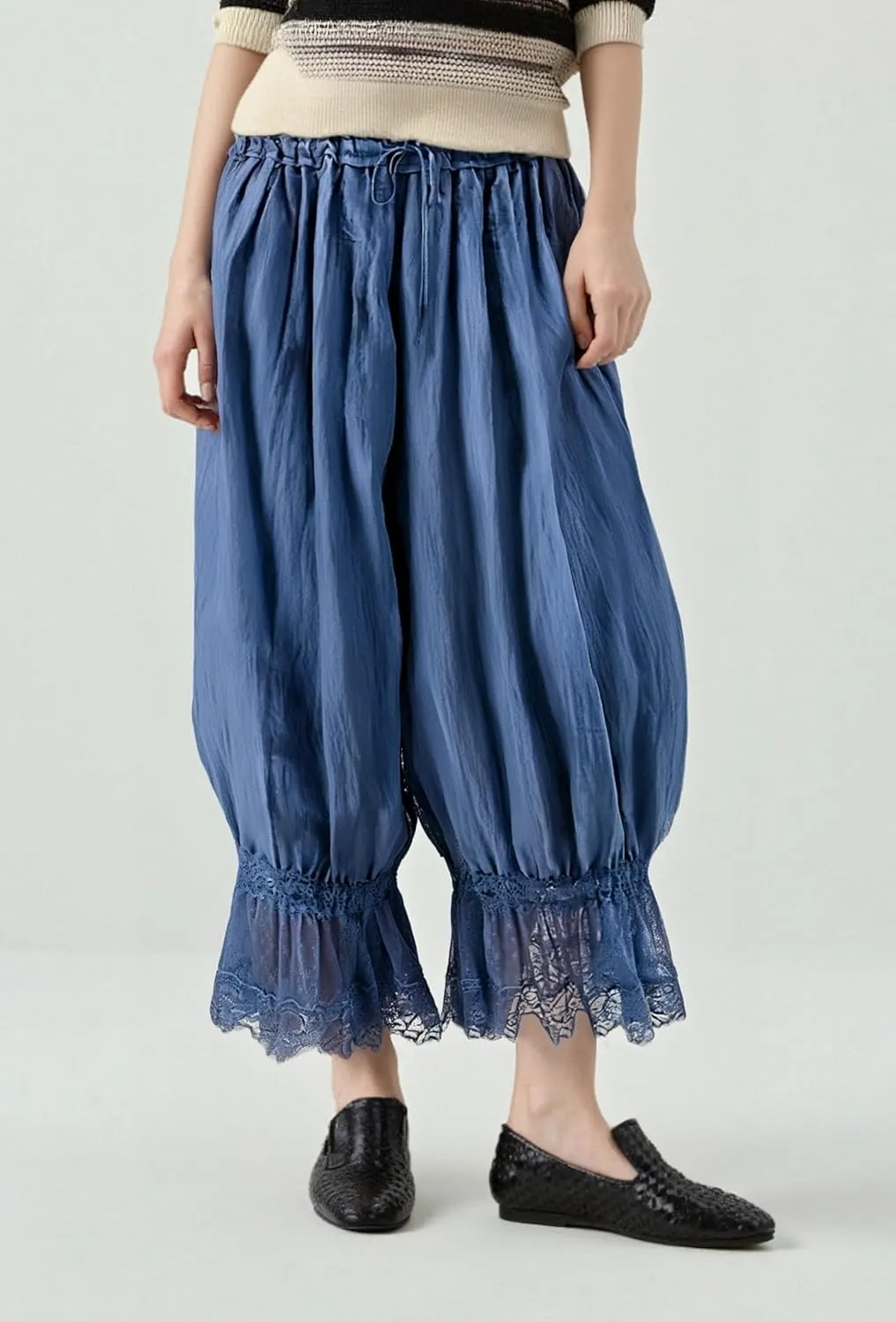 UAURORAO Women Lace Trim Long Bloomers Elastic Mid Rise Ruffle Pantaloons Cropped Flared Slips Pants Pajama Bottoms