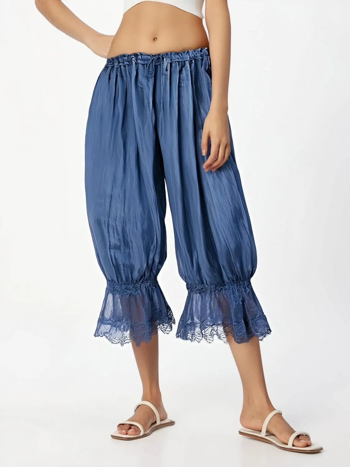 UAURORAO Women Lace Trim Long Bloomers Elastic Mid Rise Ruffle Pantaloons Cropped Flared Slips Pants Pajama Bottoms