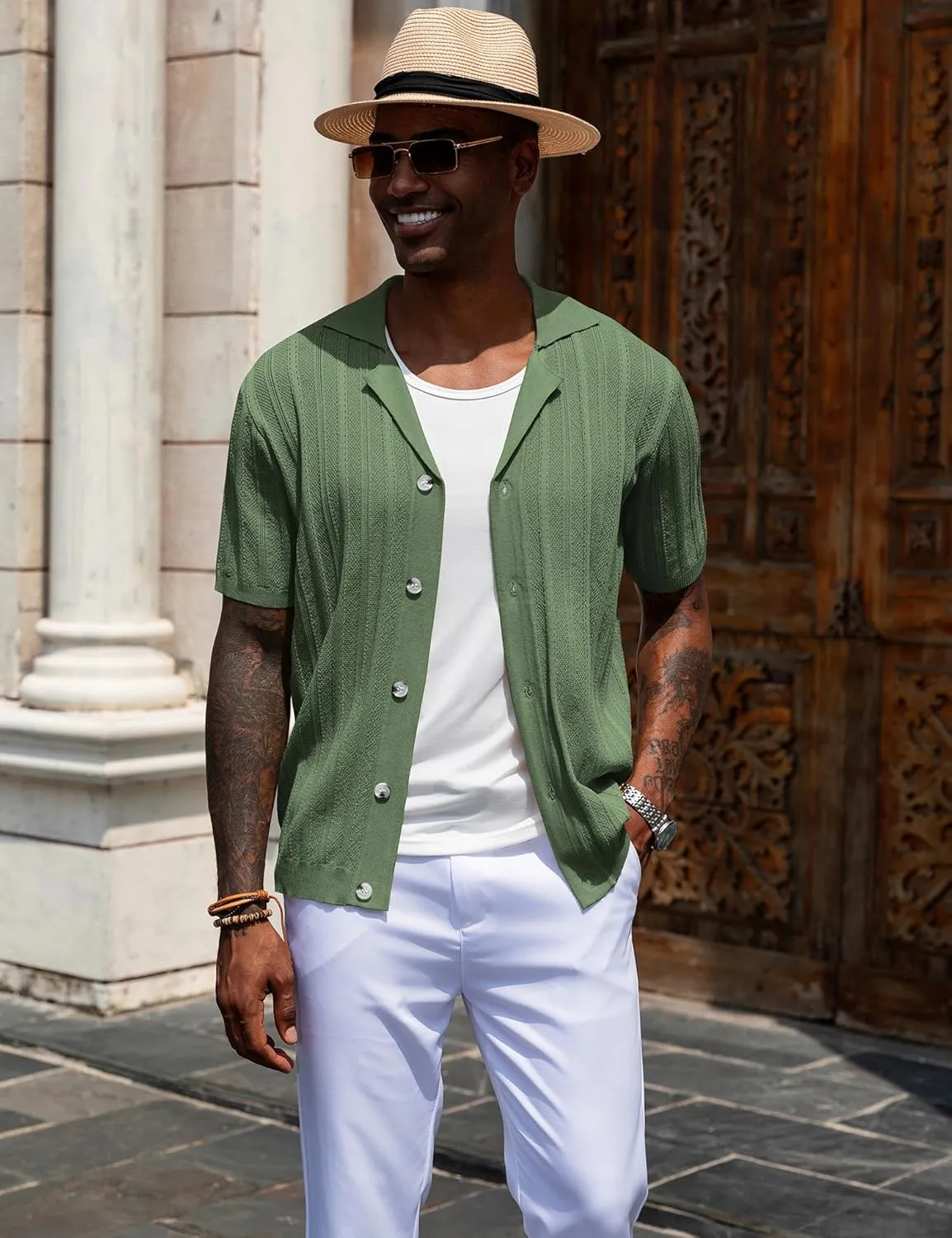 URRU Men's Knit Button Down Shirt Short Sleeve Vintage Polo Shirts Casual Summer Beach Tops