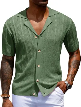 URRU Men's Knit Button Down Shirt Short Sleeve Vintage Polo Shirts Casual Summer Beach Tops