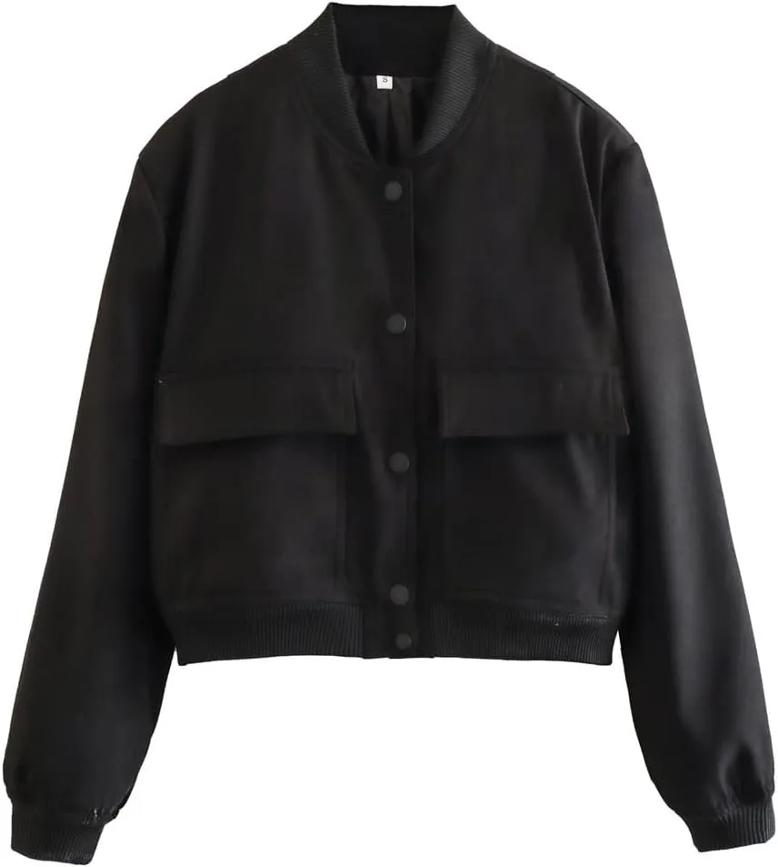 Women Cropped Bomber Jacket Aesthetic Coquette Button Down Varsity Jackets Preppy Grunge Cute Plain Sweatshirt Coats