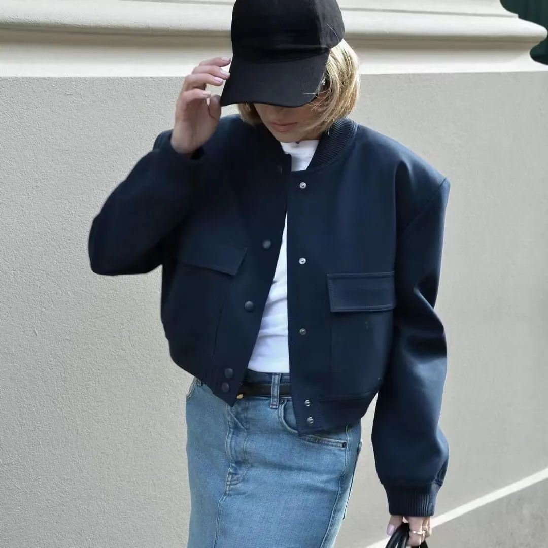 Women Cropped Bomber Jacket Aesthetic Coquette Button Down Varsity Jackets Preppy Grunge Cute Plain Sweatshirt Coats