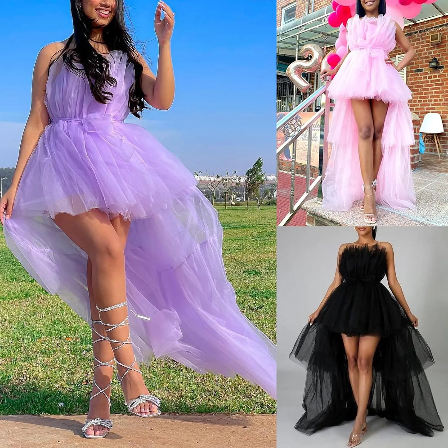 Women 's High Low Tulle Dress Strapless Off Shouler Tiered Cocktail Party Dress Prom Gown Evening Dress