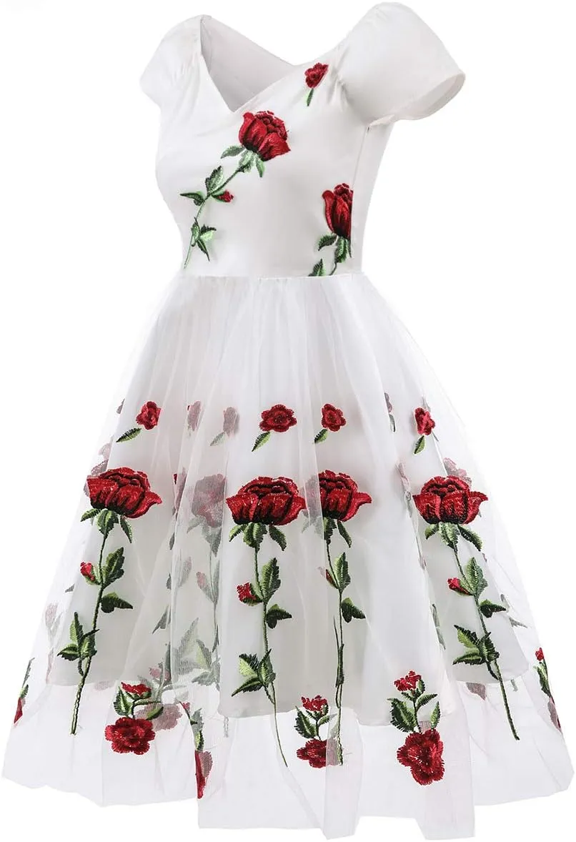 Women Vintage 1950s Embroidered Off Shoulder 3/4 Sleeves Flower Rose Wedding Cocktail Party Swing Gatsby Evening Short Gown