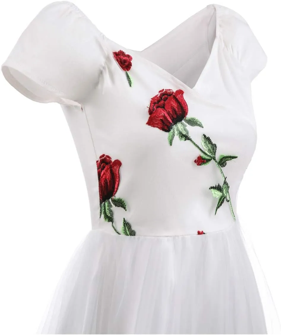 Women Vintage 1950s Embroidered Off Shoulder 3/4 Sleeves Flower Rose Wedding Cocktail Party Swing Gatsby Evening Short Gown
