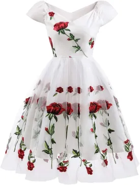 Women Vintage 1950s Embroidered Off Shoulder 3/4 Sleeves Flower Rose Wedding Cocktail Party Swing Gatsby Evening Short Gown