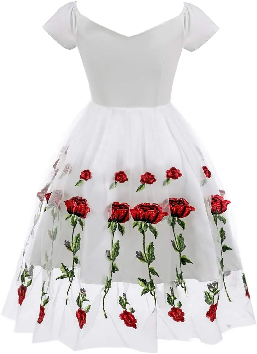 Women Vintage 1950s Embroidered Off Shoulder 3/4 Sleeves Flower Rose Wedding Cocktail Party Swing Gatsby Evening Short Gown
