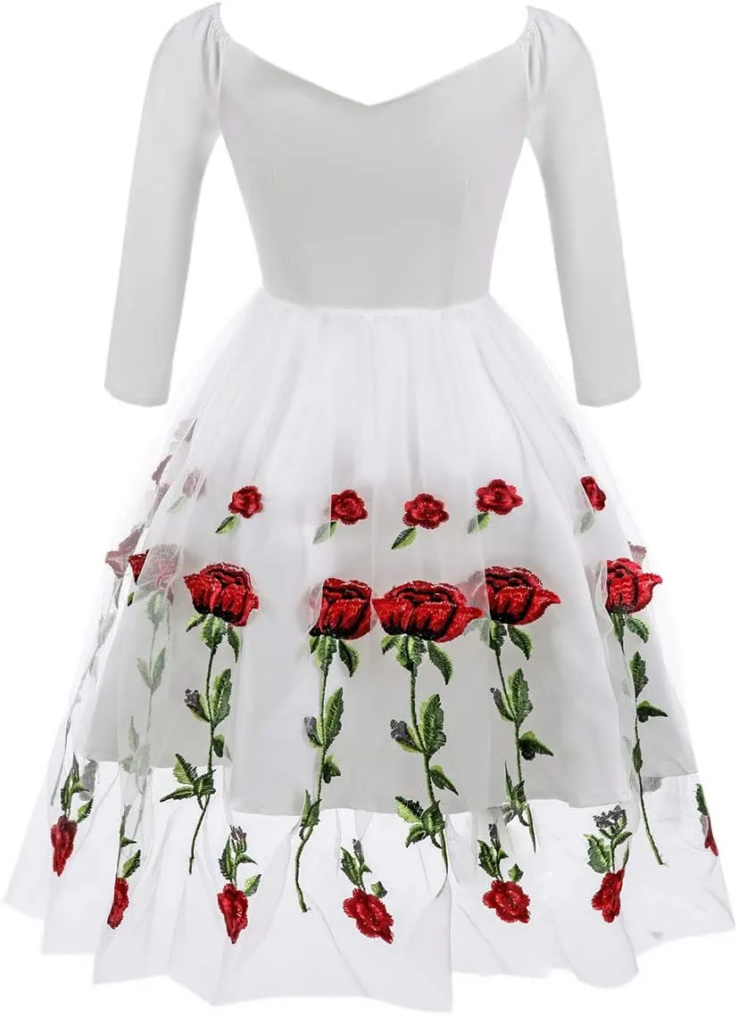 Women Vintage 1950s Embroidered Off Shoulder 3/4 Sleeves Flower Rose Wedding Cocktail Party Swing Gatsby Evening Short Gown