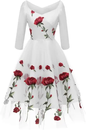 Women Vintage 1950s Embroidered Off Shoulder 3/4 Sleeves Flower Rose Wedding Cocktail Party Swing Gatsby Evening Short Gown