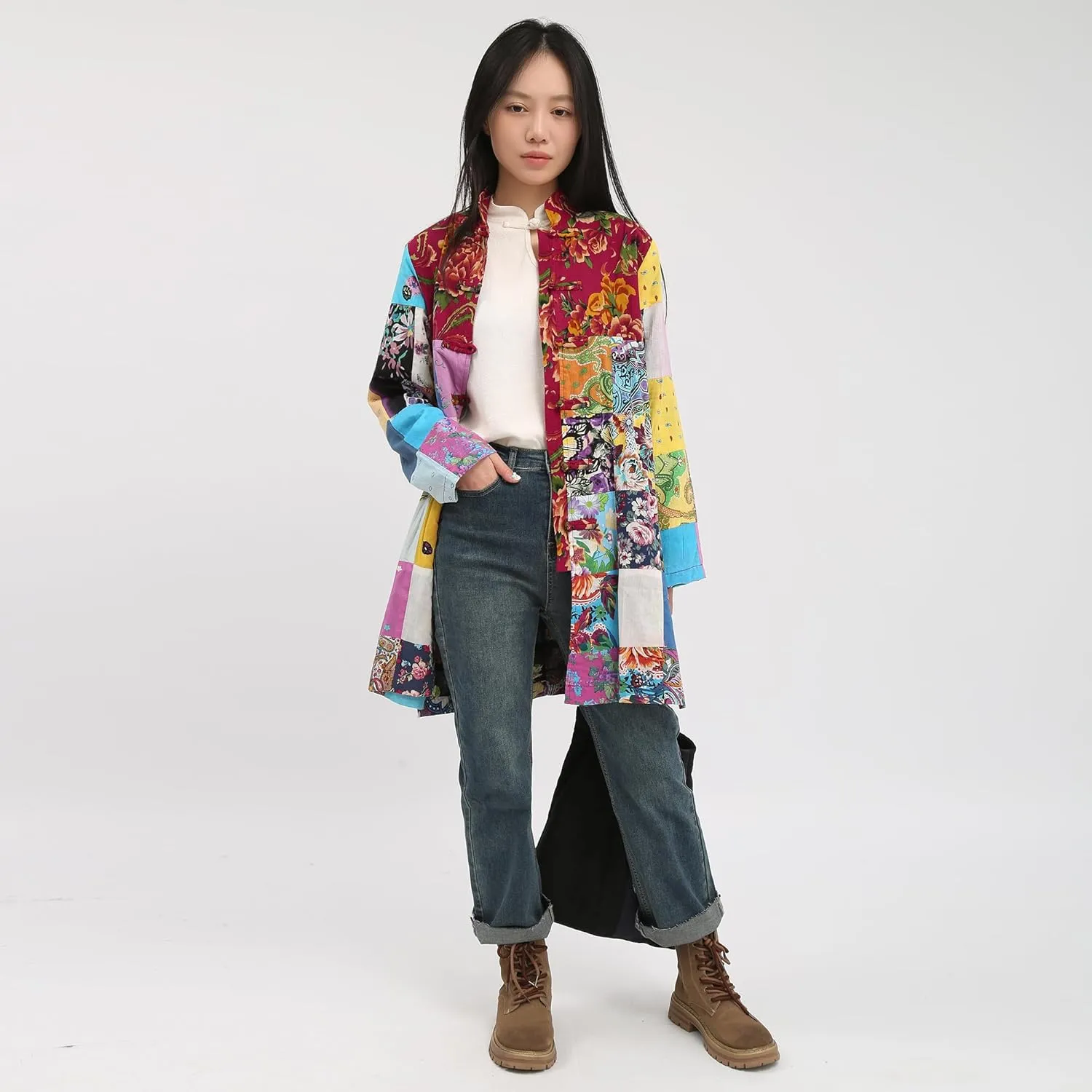 Women's Boho Floral Patchwork Jacket Lightweight Color-Blocked Plaid Windbreaker Coat for Spring & Fall