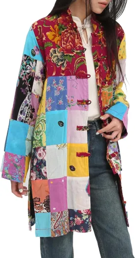 Women's Boho Floral Patchwork Jacket Lightweight Color-Blocked Plaid Windbreaker Coat for Spring & Fall