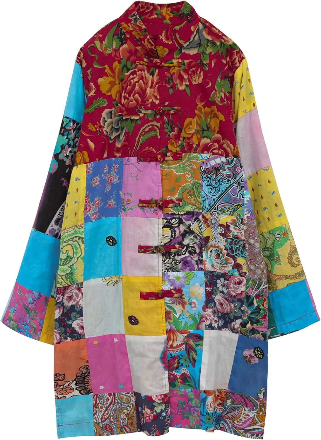 Women's Boho Floral Patchwork Jacket Lightweight Color-Blocked Plaid Windbreaker Coat for Spring & Fall