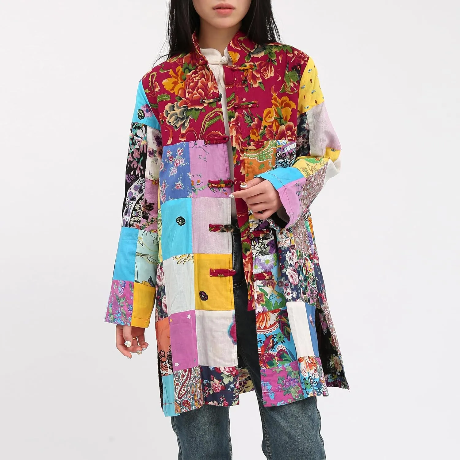 Women's Boho Floral Patchwork Jacket Lightweight Color-Blocked Plaid Windbreaker Coat for Spring & Fall