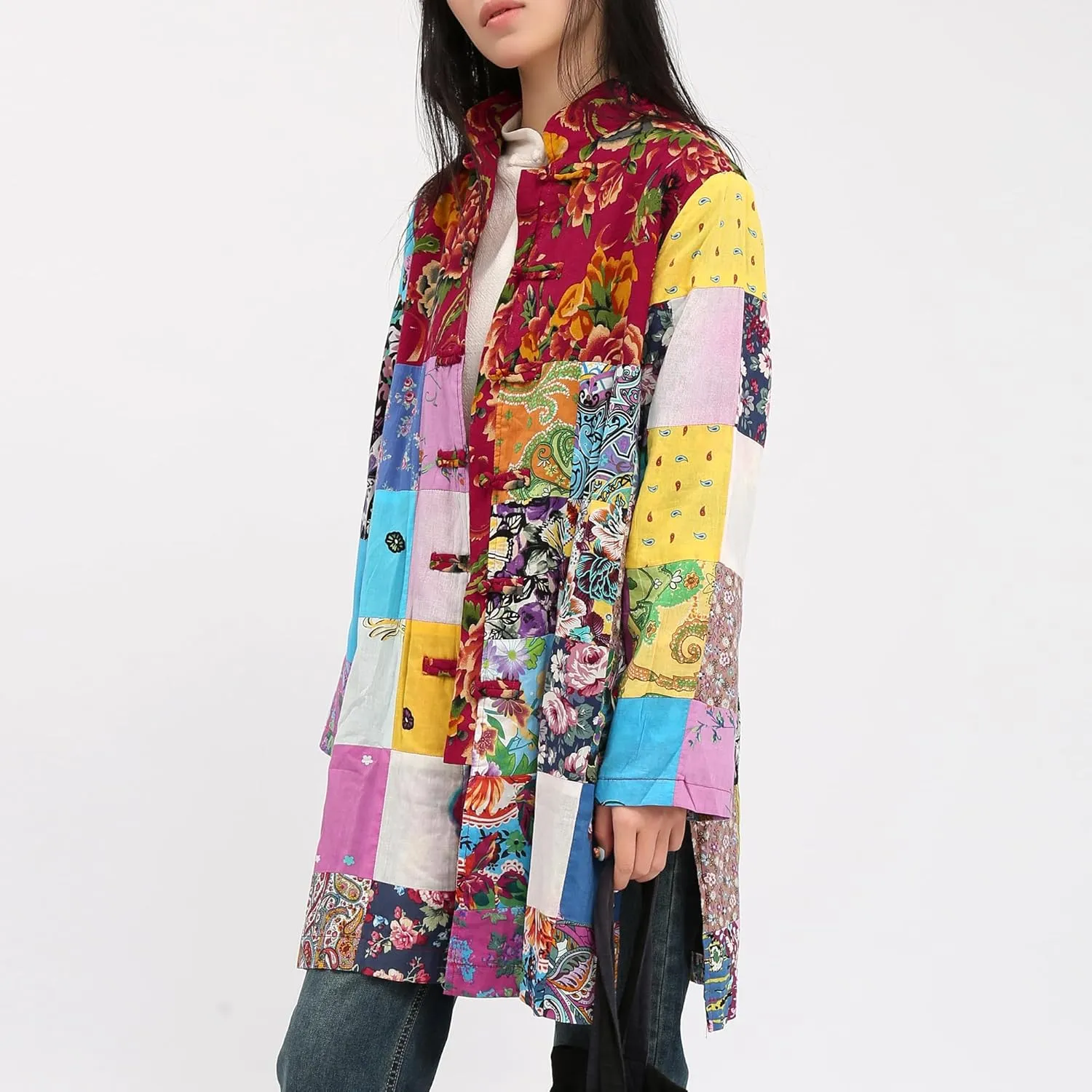 Women's Boho Floral Patchwork Jacket Lightweight Color-Blocked Plaid Windbreaker Coat for Spring & Fall