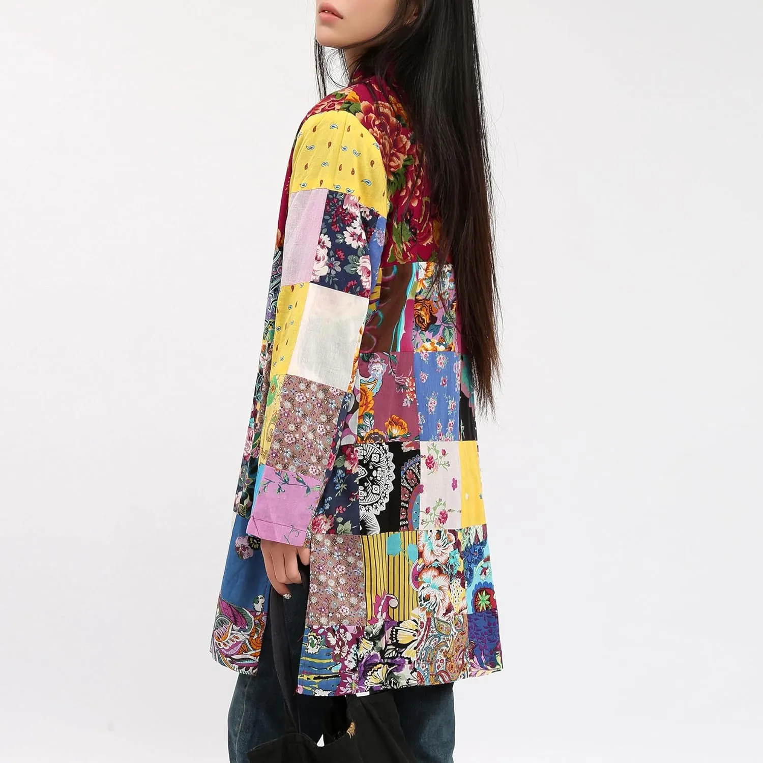 Women's Boho Floral Patchwork Jacket Lightweight Color-Blocked Plaid Windbreaker Coat for Spring & Fall