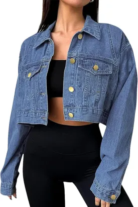 Women's Button Down Jacket Long Sleeve Cropped Top Denim Jeans Coat