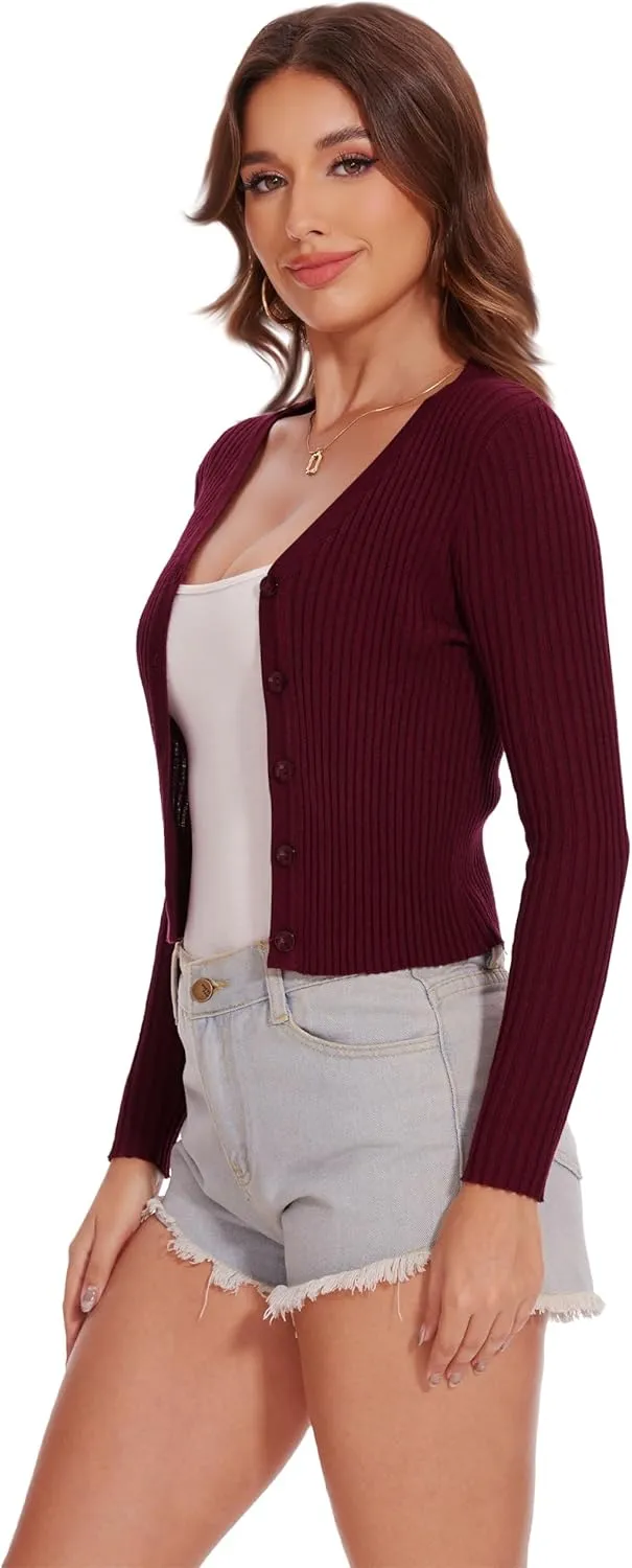 Women's Cropped Cardigan V Neck Long Sleeve Button Down Ribbed Knit Shrug Sweaters
