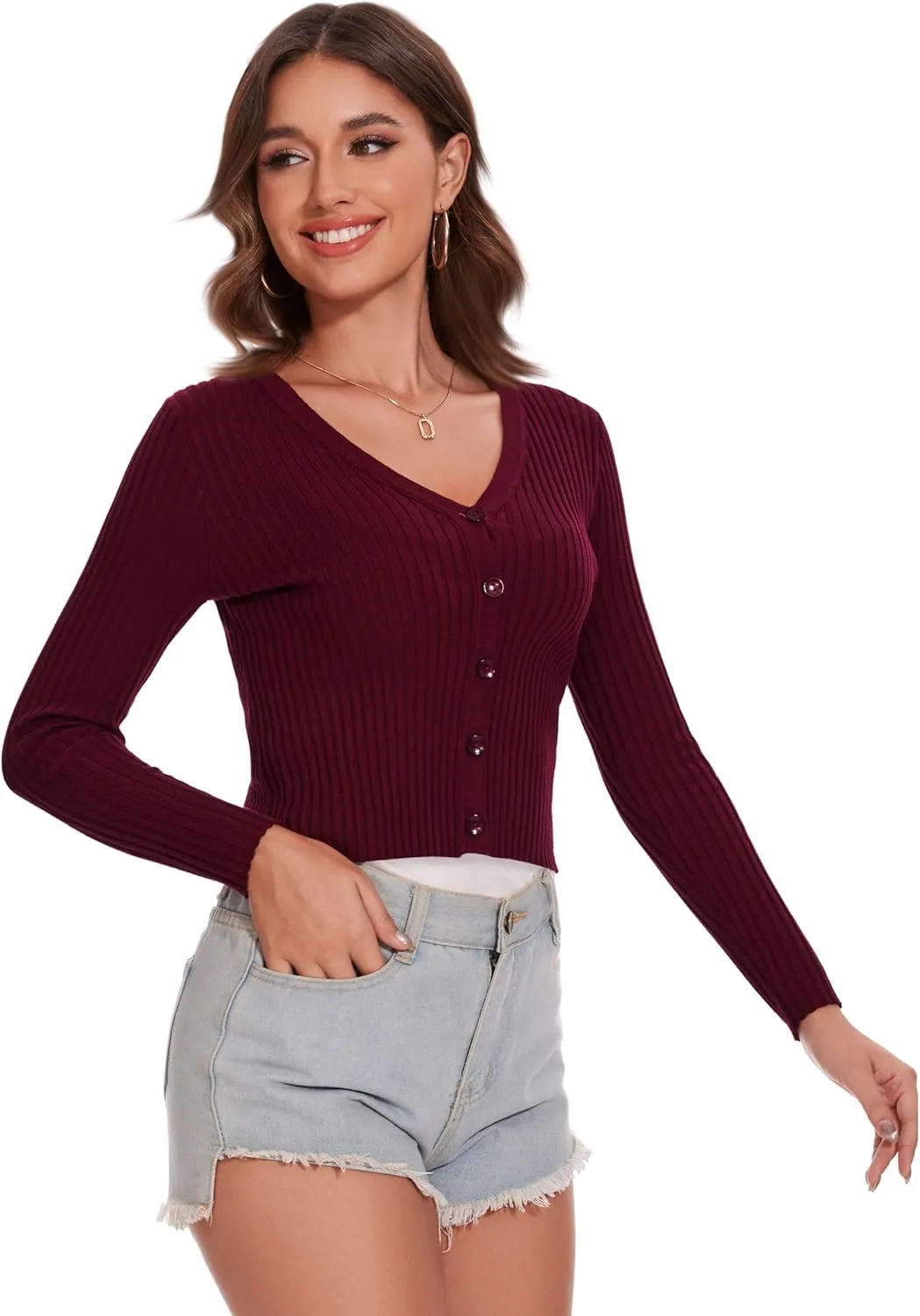 Women's Cropped Cardigan V Neck Long Sleeve Button Down Ribbed Knit Shrug Sweaters