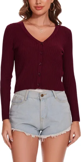 Women's Cropped Cardigan V Neck Long Sleeve Button Down Ribbed Knit Shrug Sweaters