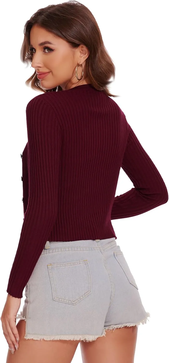Women's Cropped Cardigan V Neck Long Sleeve Button Down Ribbed Knit Shrug Sweaters