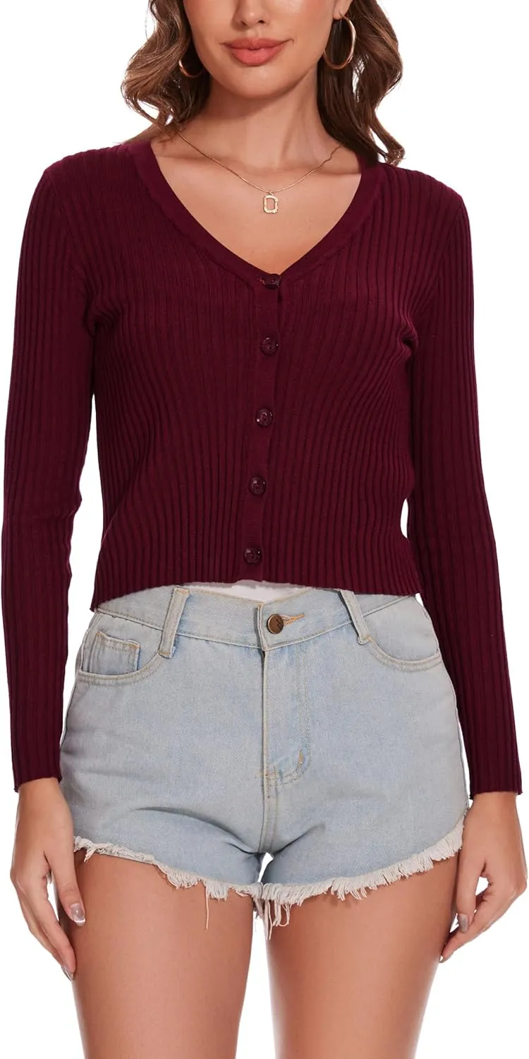 Women's Cropped Cardigan V Neck Long Sleeve Button Down Ribbed Knit Shrug Sweaters