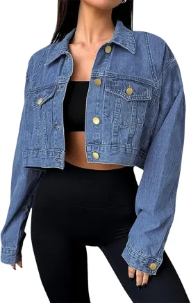 Women's Denim Jackets Cropped Jean Jacket Long Sleeve Casual Button Down Crop Jean Jacket