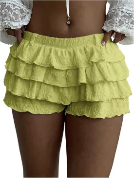 Women's Elastic Waist Ruffle Tiered Shorts Casual Mini Skort Low Rise Bloomers