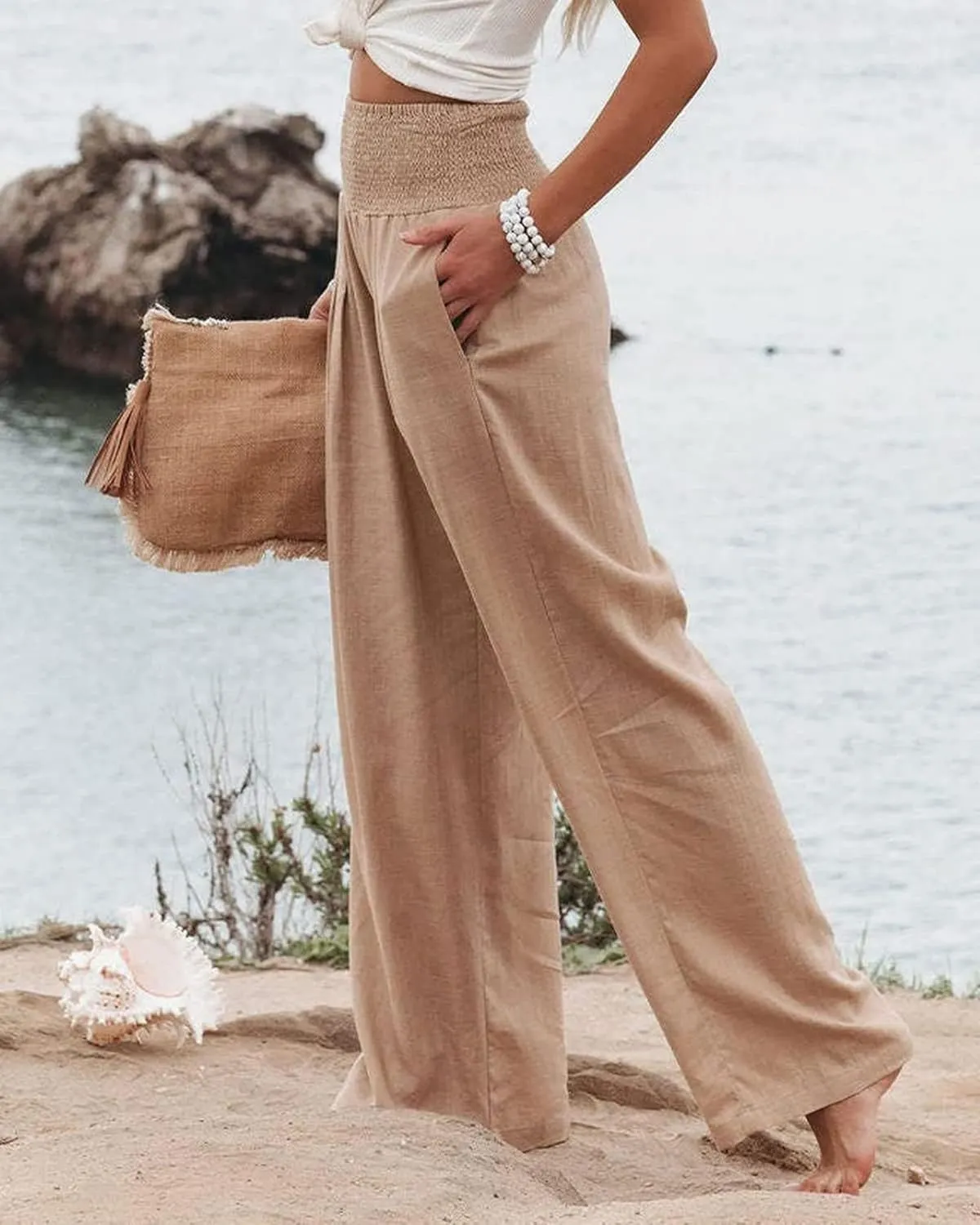 Womens Linen Pants Boho Wide Leg Lounge Pant High Waist Palazzo Pant Summer Beach Trousers Travel Vacation Outfits
