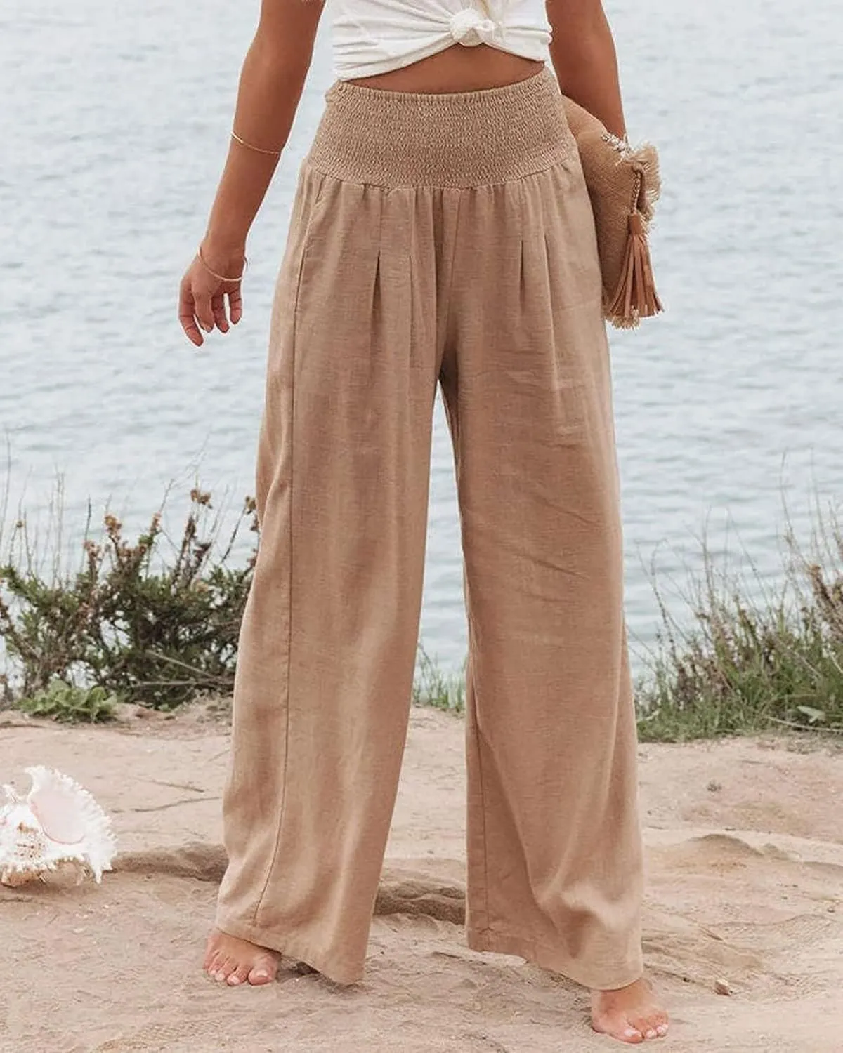 Womens Linen Pants Boho Wide Leg Lounge Pant High Waist Palazzo Pant Summer Beach Trousers Travel Vacation Outfits