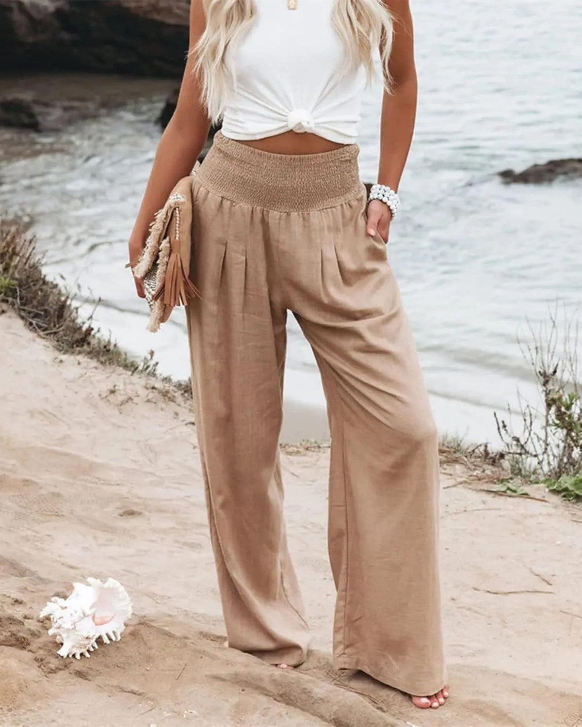 Womens Linen Pants Boho Wide Leg Lounge Pant High Waist Palazzo Pant Summer Beach Trousers Travel Vacation Outfits